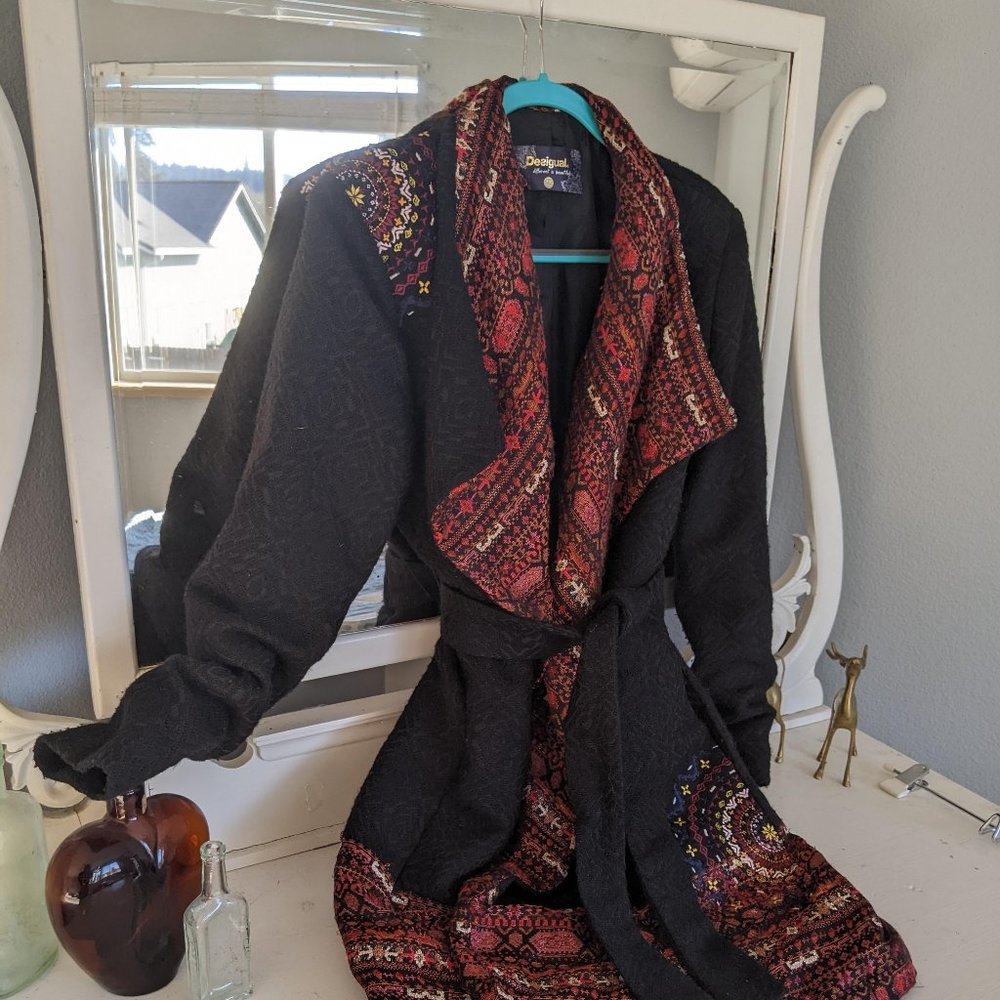 Desigual Embroidered Shawl-Collar Wrap Coat